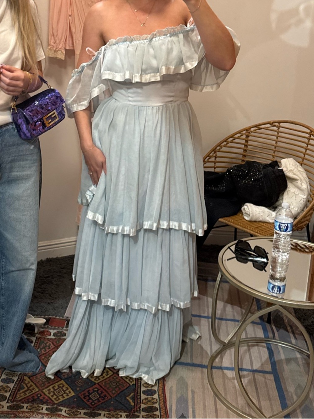 VTG 70s Made in USA Prairie Southern Belle Dress Princess Gown Tiered Blue - Picture 3 of 10